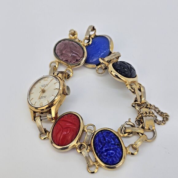 VTG Lusina Geneve 20MM Wind Up Women's Watch 21 Jewels Scarab Band 7" WORKING - Picture 9 of 13